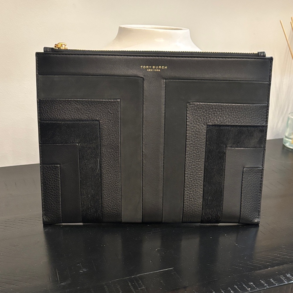 Tory Burch Black Geometric Leather Zip Pouch